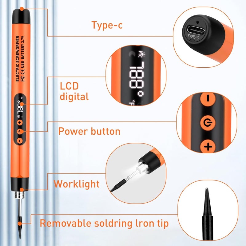 Qyvorae Mini Cordless Soldering Iron Kit, USB Rechargeable Portable Cordless Soldering Iron, LCD Digital Adjustable Temperature Thermostatic Soldering Gun for Home Appliance Repair, DIY-Orange - Image 5